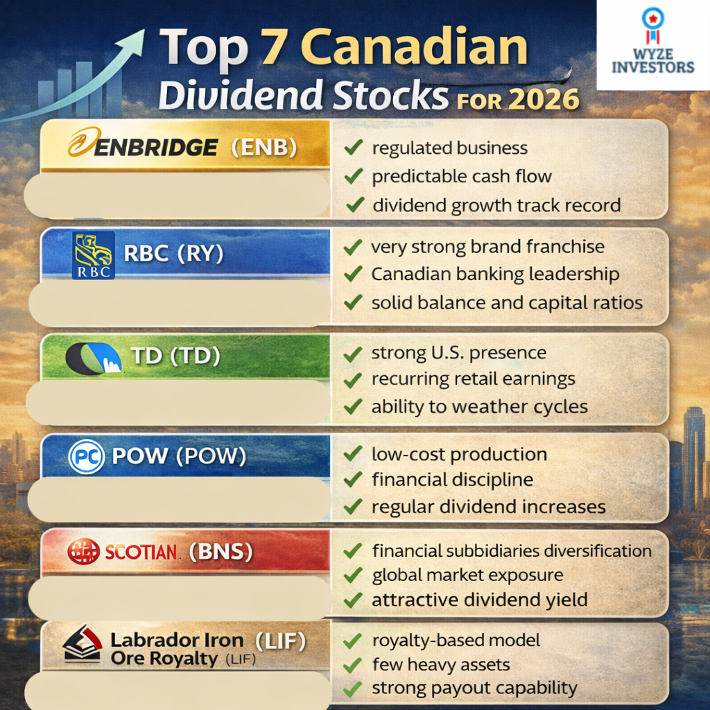 Executive summary infographic showing top Canadian dividend stocks for 2026 with financial icons and highlights of key selection criteria.